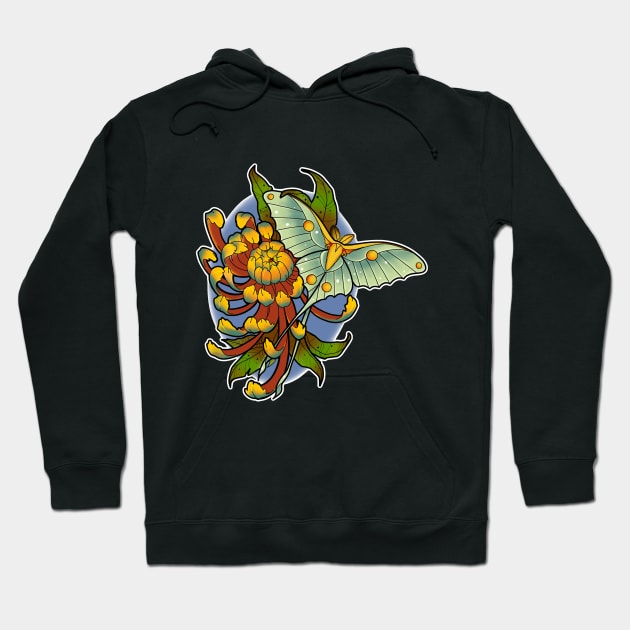 Luna moth chrysanthemum Hoodie by The Green Dahlia